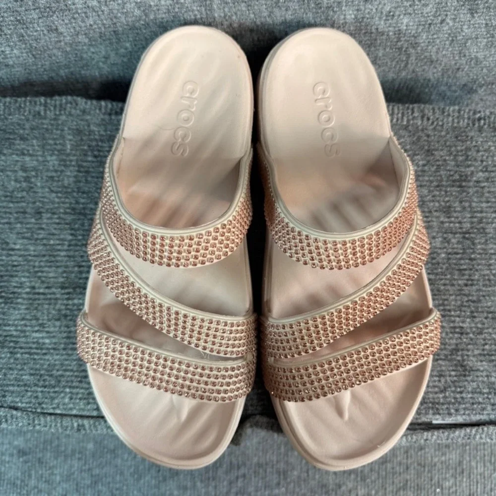 Crocs Brooklyn Strappy Low Wedge Sandals Rhinestone Blush Pink Nude Womens 9